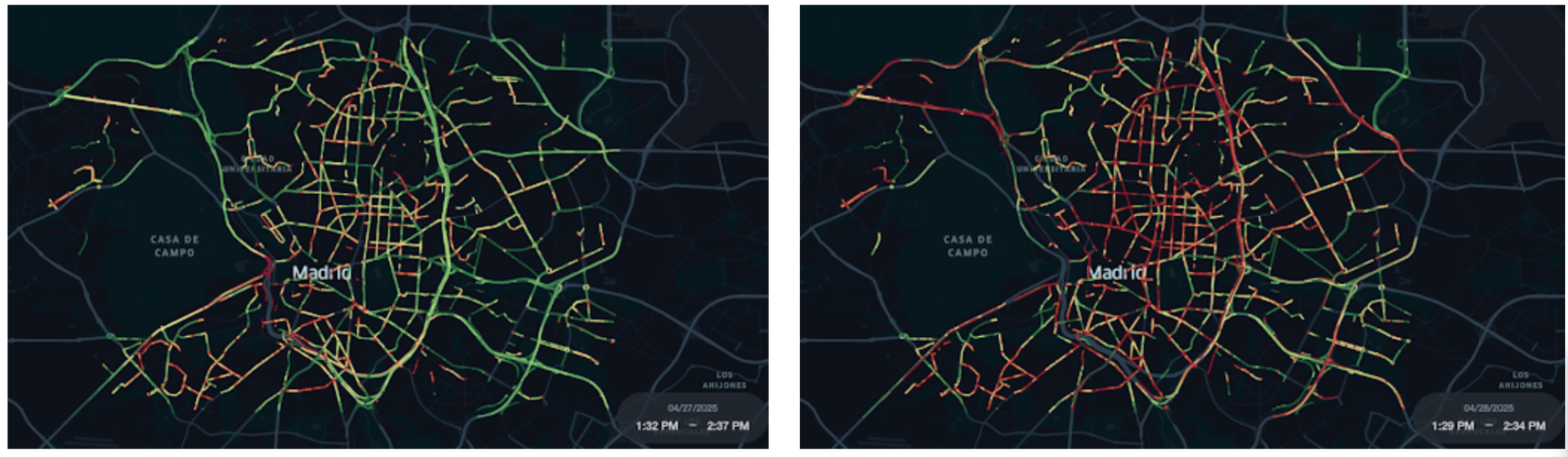 Zwei GPS-Heatmap-Bilder des Madrider Verkehrs. Das linke Bild vom 27. April 2025, 13:32 Uhr bis 14:37 Uhr, zeigt mäßigen bis starken Verkehr. Das rechte Bild vom 28. April 2025, 13:29 Uhr bis 14:34 Uhr, zeigt deutlich stärkeren Verkehr mit mehr roten Linien, die auf schwere Staus hinweisen.